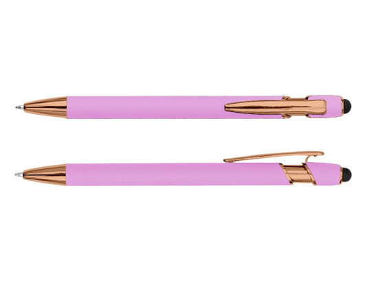 A pink stylus pen with rose gold accents and a black tip, featuring a sleek design and a logo.