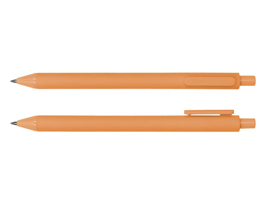 An orange ballpoint pen with a sleek design and a clip, featuring a branding logo.