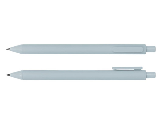 A grey gel ink pen featuring a sleek design with a clip and smooth writing tip. It includes a branding logo.