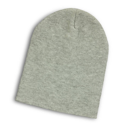 A heather grey slouch beanie laid flat, featuring a simple design and a soft texture.