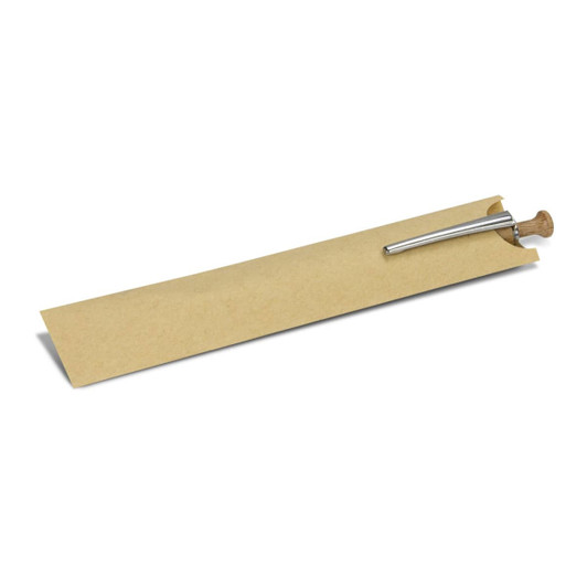 A kraft paper pen sleeve in a natural brown colour, featuring a silver pen and a simple design.