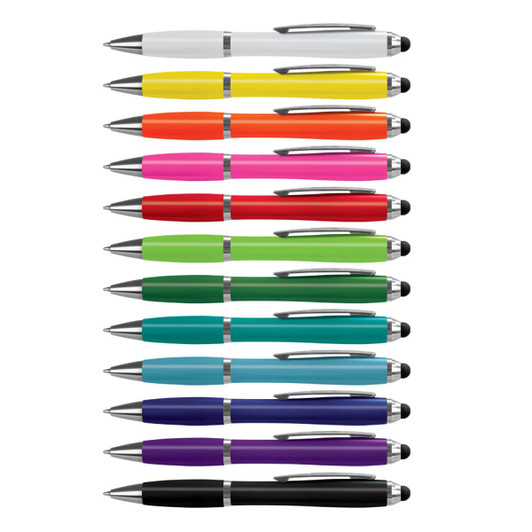A collection of stylus pens in various colours, including white, yellow, orange, pink, green, blue, and black, with silver accents.