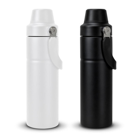 A drink bottle set featuring a white bottle and a black bottle, both with a silver handle and logo.