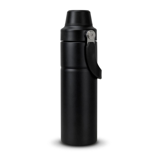A drink bottle in sleek black with a secure lid and a carrying handle, featuring a logo.