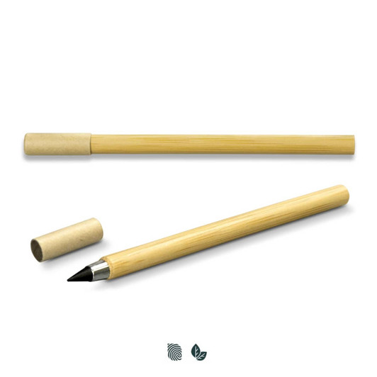 A bamboo pen with a natural finish and a concealed tip, alongside its matching protective cap.