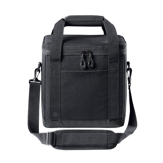 A black cooler bag with a zippered front pocket, short handles, and an adjustable shoulder strap. It has a logo.