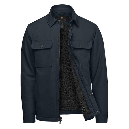 A navy men's jacket featuring a Sherpa-lined interior and two front pockets, with branding visible inside.