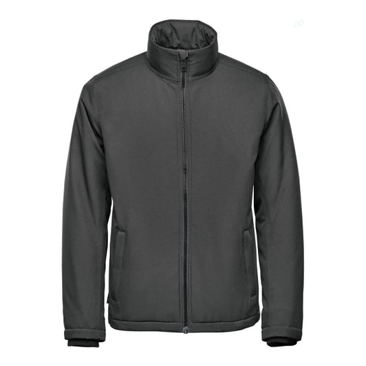 A thermal jacket in dark grey, featuring a zip front and a stand-up collar, with side pockets and branding.