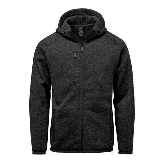 A black full zip fleece hoody featuring a hood and multiple zippered pockets. It has a logo on the front.