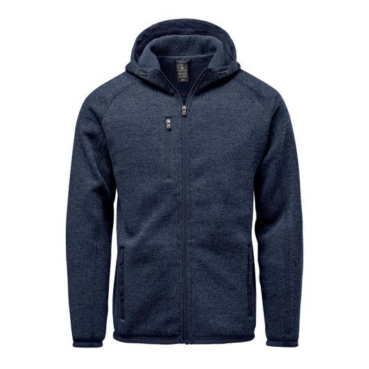 A men's fleece hoody in dark navy with a full zip, featuring a hood and a chest pocket.