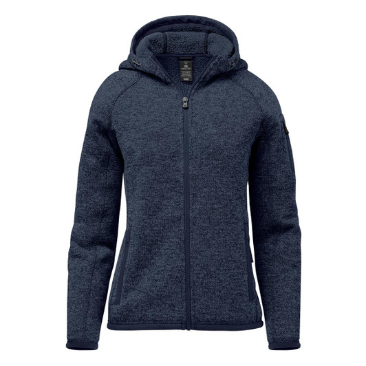 A navy blue women's fleece hoody with a full zip and a hoodie attached, featuring a logo.