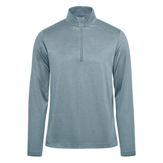 A light blue men's pullover with a quarter zip and long sleeves, featuring a logo on the upper side.