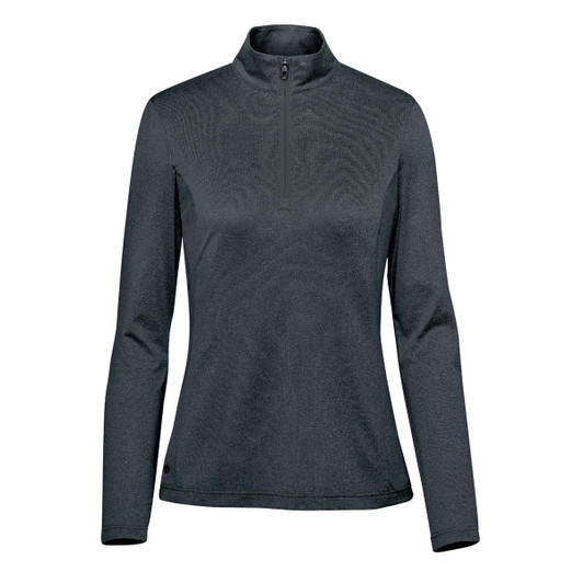 A women's pullover in dark grey with a 1/4 zip and long sleeves, featuring a logo on the side.