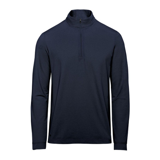 A navy men's pullover featuring a 1/4 zip and long sleeves, with a logo on the chest.