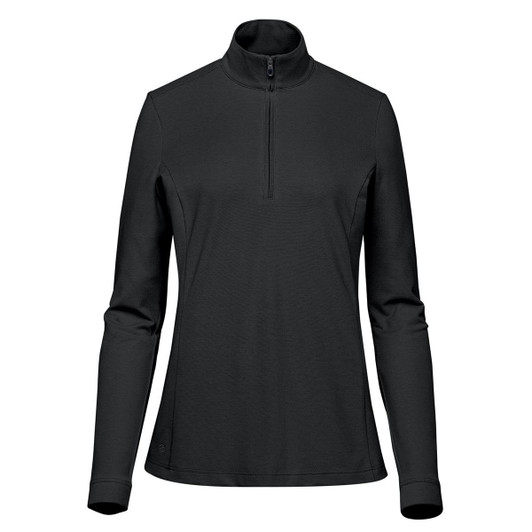 A black women's pullover with a 1/4 zip and long sleeves. It features a logo on the side.