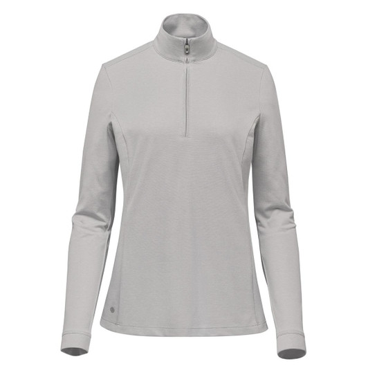 A grey women's pullover featuring a 1/4 zip and long sleeves, with a small logo on the lower side.