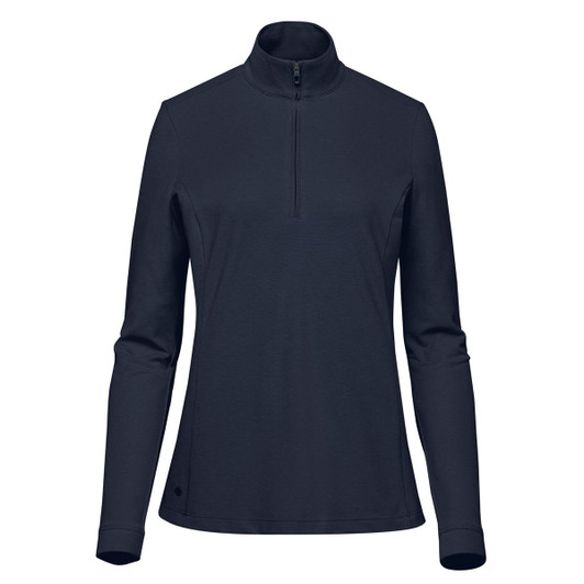 A navy women's pullover with a 1/4 zip and long sleeves, featuring a small logo on the side.