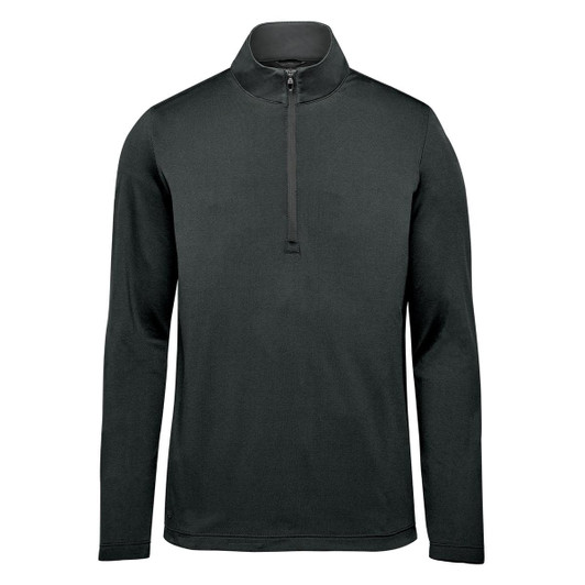 A black men's pullover featuring a 1/4 zip and long sleeves, with a logo on the design.
