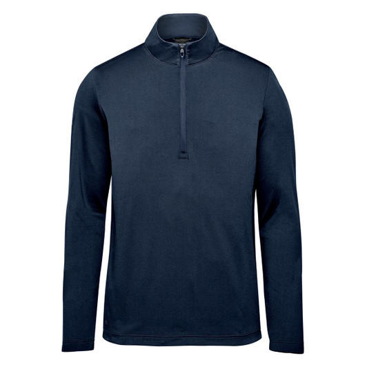 A navy blue men's pullover with a quarter zip and long sleeves, featuring a logo on the chest.
