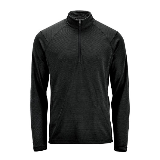 A black men's pullover featuring a 1/4 zip design and long sleeves. It has a logo on the front.