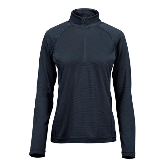 A women's navy 1/4 zip pullover featuring long sleeves and a stand-up collar, with a logo on the chest.