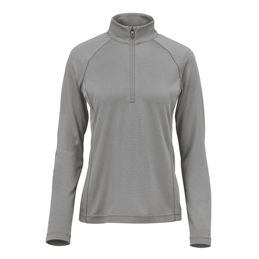 A women's pullover in grey with a quarter zip and long sleeves, featuring a subtle striped texture and a logo.