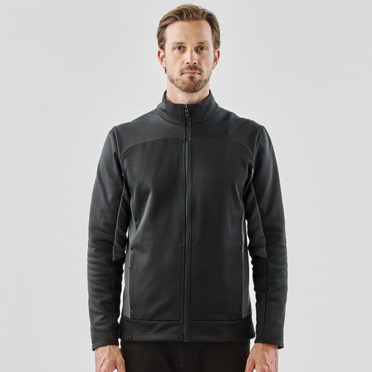 A men's knit jacket in black with a zippered front and a high collar, featuring a logo on the side.