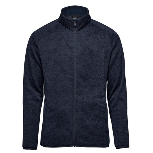 A full zip fleece jacket in navy blue featuring a high collar and a visible zipper. The jacket has a logo.