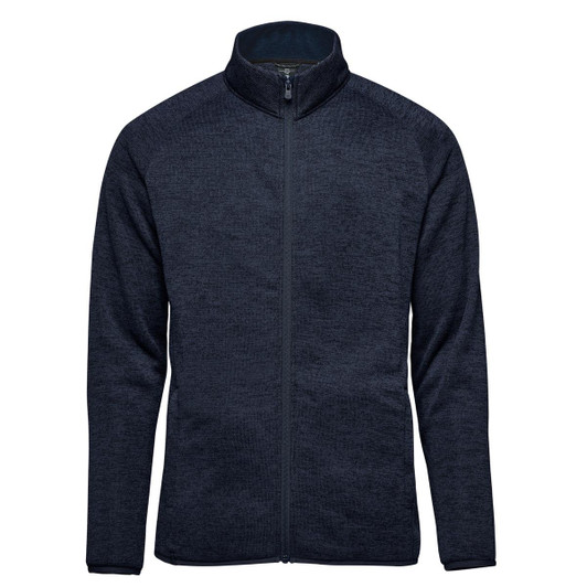 A navy full zip fleece jacket featuring a high collar and a logo on the left chest.
