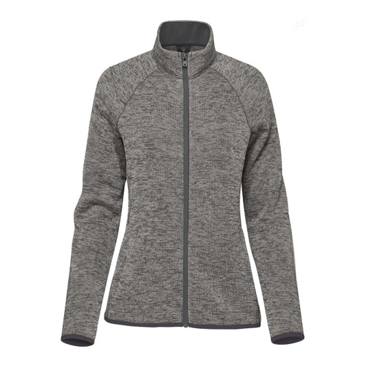 A women's full zip fleece jacket in grey, featuring a high collar and raglan sleeves, with a logo on the front.