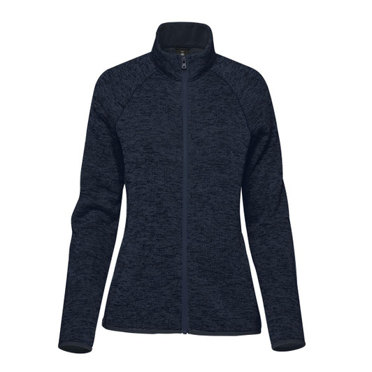 A navy blue women's fleece jacket featuring a full zip and high collar. It has a logo on the front.