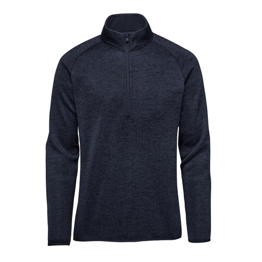 A men's half-zip fleece jacket in navy blue with long sleeves and a stand-up collar. It has a logo on it.