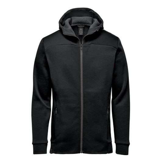 A black hoody featuring a zip front, a hood, and a soft inner lining, with side pockets and a logo.