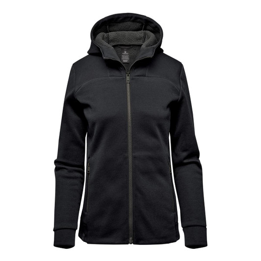 A women's black Antares Performance Hoody with a zip front and hood, featuring a soft inner lining.