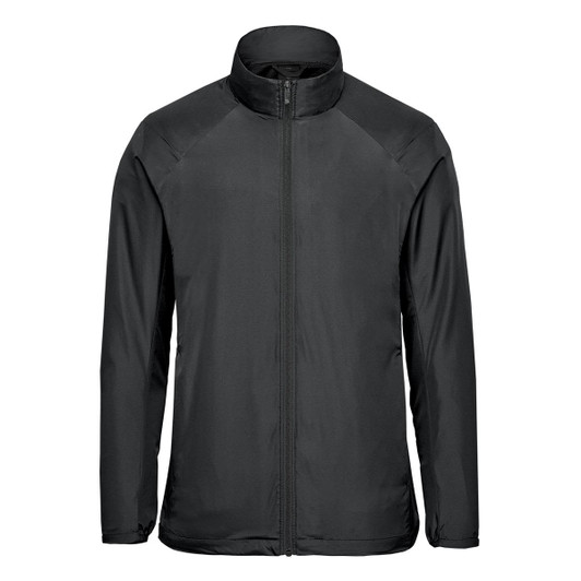 A black men's full zip jacket with a high collar and a sleek design. It features branding on the material.