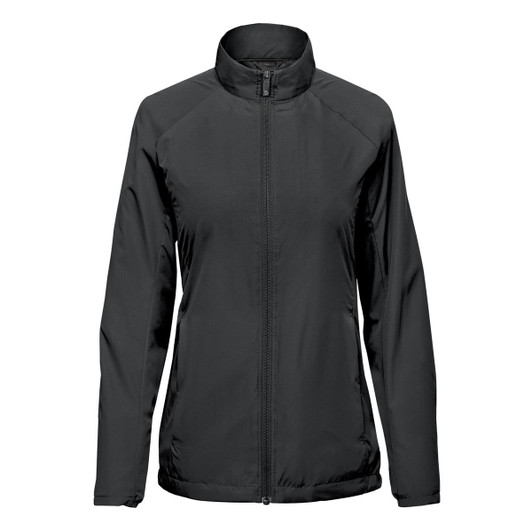 A women's full zip jacket in black with a collar and a branding logo.