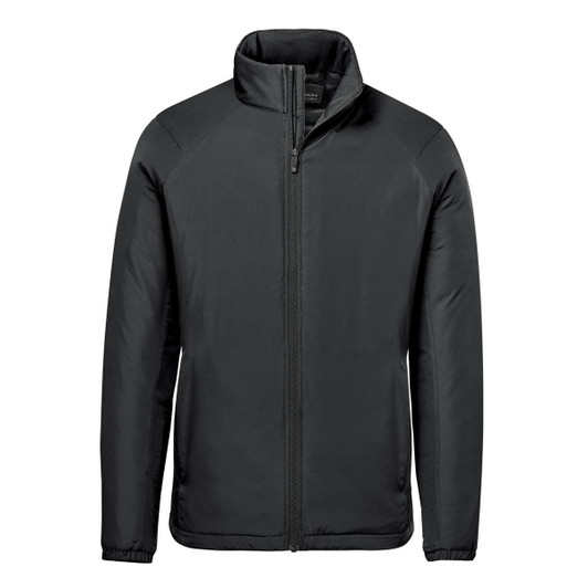 A black thermal jacket with a zip front and a stand-up collar, featuring a logo on the chest.