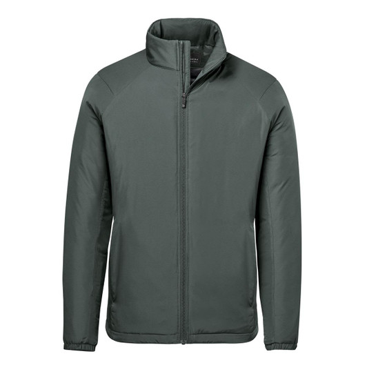 A men's thermal jacket in dark green with a zipped front and high collar, featuring a subtle logo.