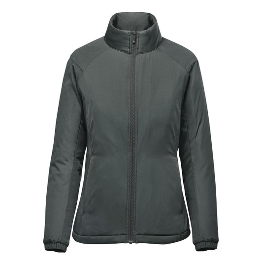 A women's thermal jacket in dark grey with a high collar and zippered front. Features a simple design and a logo.