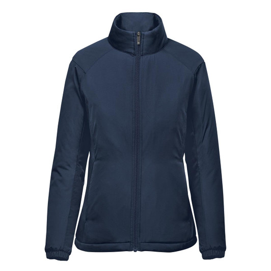A women's thermal jacket in navy blue with a zip front and high collar. It features a logo on the chest.