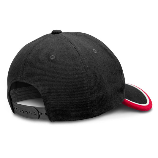 A black cap with a red underside on the brim and snapback closure, featuring a branding logo.