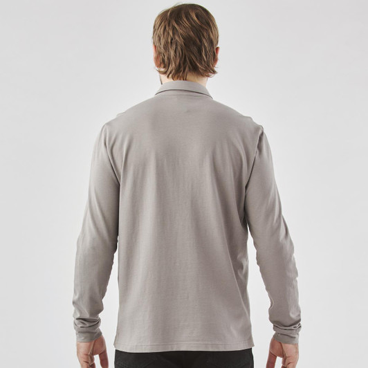 A long-sleeve grey polo shirt with a simple design and a logo on the back.