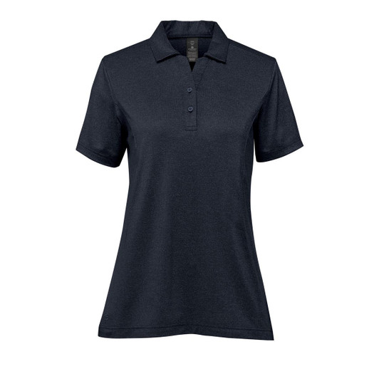 A navy women's polo shirt with a collar, short sleeves, and a button placket, featuring a logo.