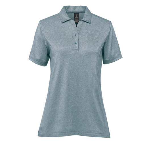 A women's polo shirt in a light blue shade with a collar and short sleeves, featuring a logo on the chest.
