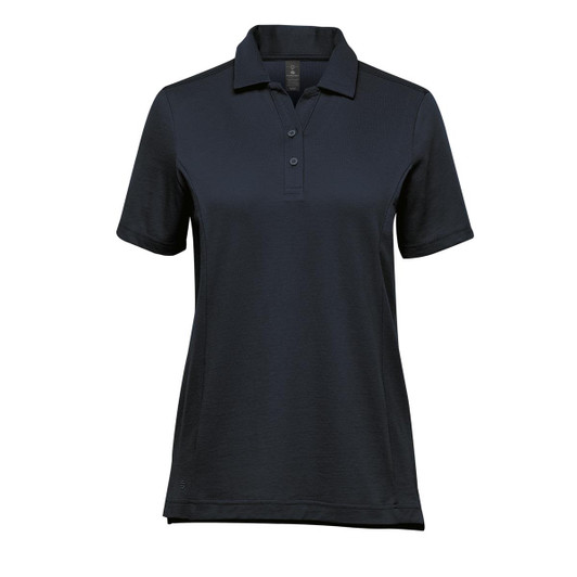 A women's navy blue micro pique polo shirt featuring a classic collar and button placket, with a logo on the chest.