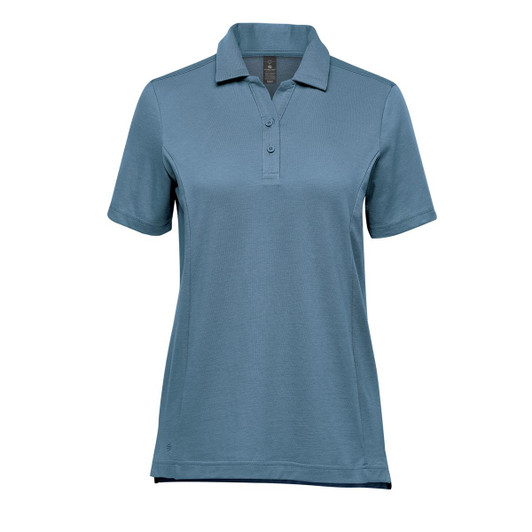 A women's polo shirt in a soft blue hue, featuring a collar and two-button placket, with a logo.