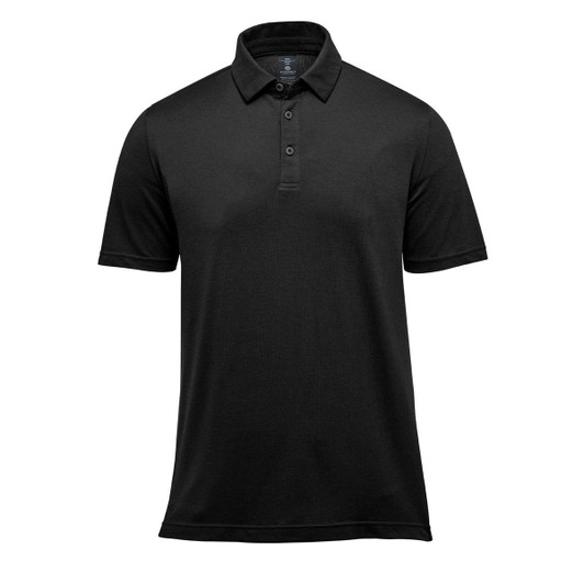 A black polo shirt featuring a collar, short sleeves, and a logo. Suitable for casual or smart casual wear.