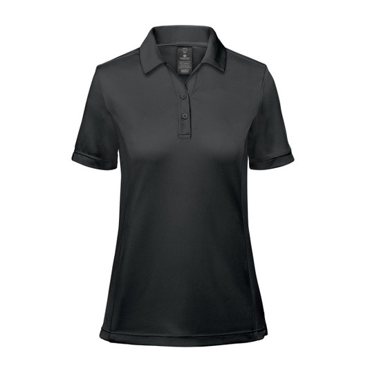 A black women's polo shirt with a classic collar and short sleeves, featuring a logo on the chest.