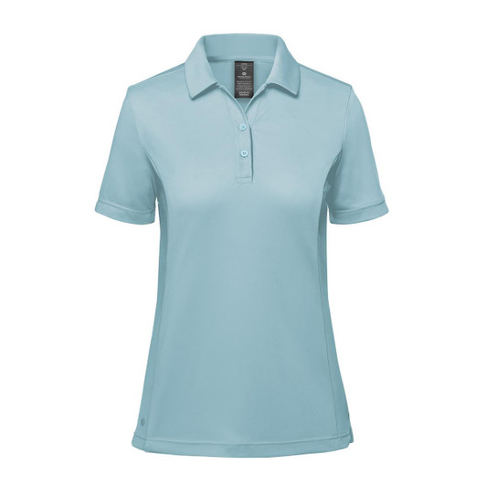 A light blue women's polo shirt with a collar and short sleeves. Features a logo on the design.