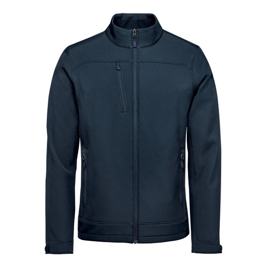 A navy blue softshell jacket featuring a high collar and zipped pockets, with a logo on the chest.